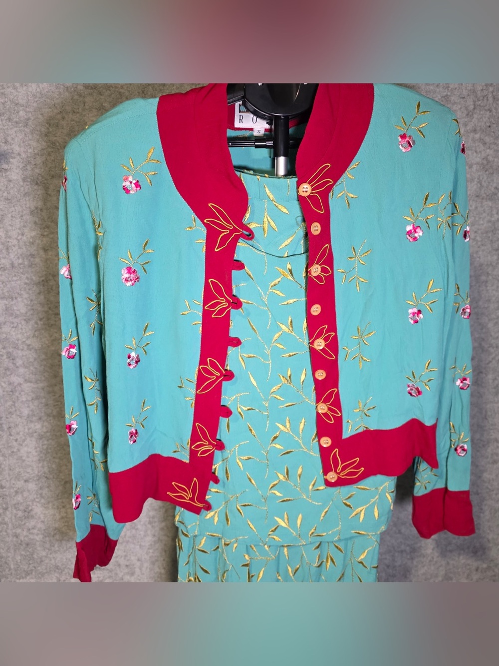 Vtg Hairston Roberson ROPA 3 Piece Matching Set Embroidered Teal/Red S